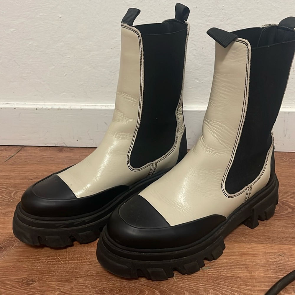 Ganni Two-Tone Cream and Black Chunky Combat Boots